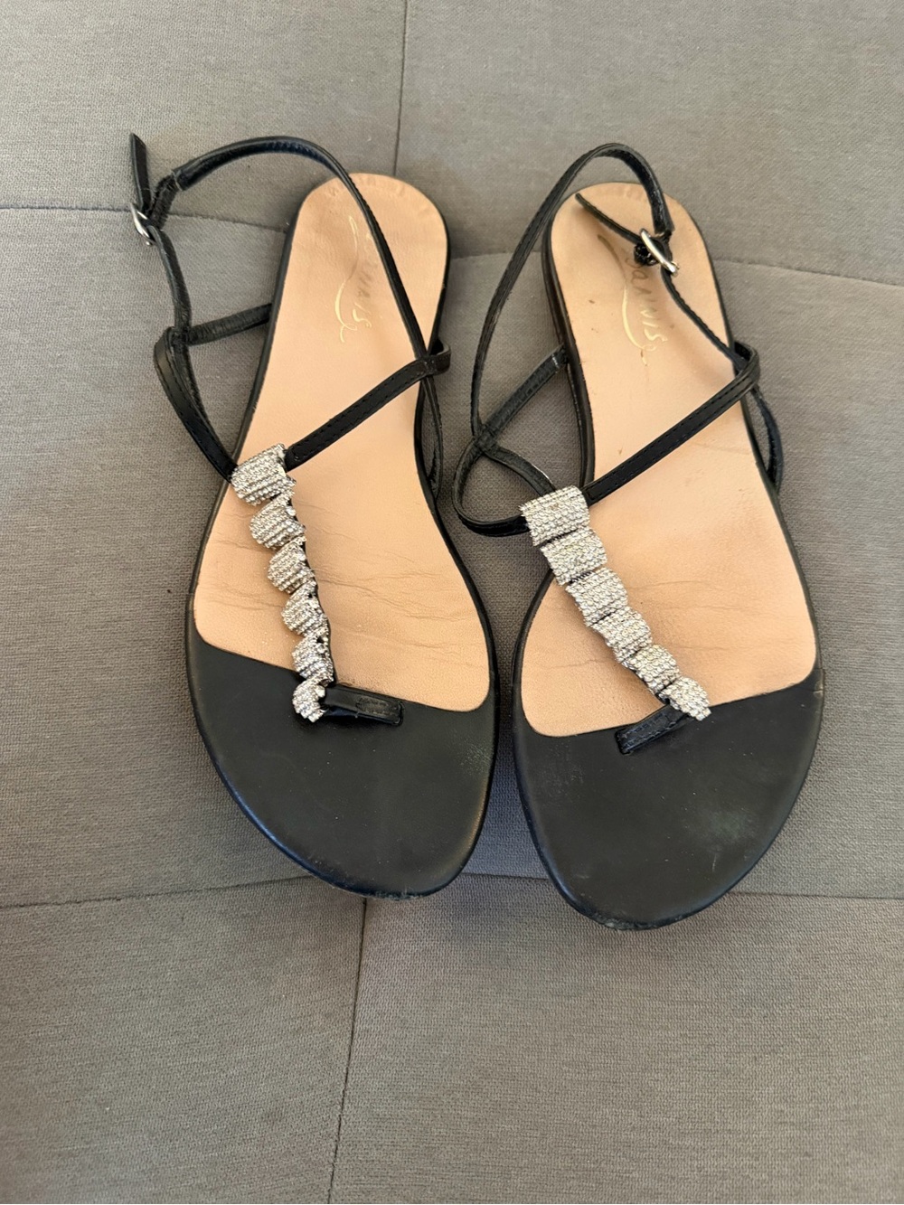 Women's Black Rhinestone T-Strap Sandals